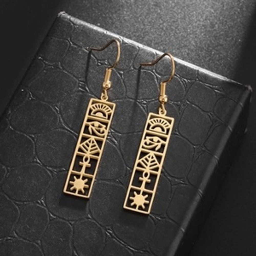 Gold‎ Stainless Steel Egyptian Eye of Horus Ankh Symbol Rectangle Drop Earrings